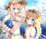  :o b_rock bad_id bad_pixiv_id bangs bikini bikini_under_clothes black_bikini_top blonde_hair blue_eyes blue_sky blurry blush braid breasts character_name cleavage cloud crop_top day depth_of_field eyebrows_visible_through_hair eyewear_on_head fate/grand_order fate_(series) fence flower frilled_bikini frills front-tie_bikini front-tie_top gem halterneck hands_on_headwear hat hat_flower hibiscus horizon jeanne_d'arc_(fate) jeanne_d'arc_(fate)_(all) jewelry lens_flare lily_(flower) long_hair long_sleeves looking_at_viewer marie_antoinette_(fate/grand_order) medium_breasts multiple_girls navel necklace ocean outdoors see-through shirt single_braid sky smile sparkle stairs straw_hat striped striped_bikini sun_hat sunglasses sunlight swimsuit twintails very_long_hair water water_drop 