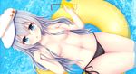  bikini black_bikini_bottom blue_eyes breasts collarbone day endsmall_min eyebrows_visible_through_hair flat_cap from_above hair_between_eyes hair_censor hat hibiki_(kantai_collection) highres holding innertube kantai_collection long_hair looking_at_viewer navel open_mouth outdoors pool side-tie_bikini silver_hair small_breasts solo swimsuit topless verniy_(kantai_collection) very_long_hair water white_hat yellow_innertube 