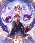  :d bare_shoulders breastplate claws cygames elbow_gloves fangs gloves gold_trim gorgon headpiece hisakata_souji lavender_hair long_hair medusa_(shingeki_no_bahamut) official_art open_mouth orange_eyes pillar reaching_out riding scales shadowverse shingeki_no_bahamut slit_pupils smile snake snake_hair solid_eyes tail v-shaped_eyebrows very_long_hair wide_hips yellow_eyes 