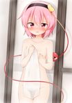  bangs blush breasts collarbone covering covering_breasts cowboy_shot hairband heart highres indoors komeiji_satori looking_at_viewer medium_breasts nude_cover pink_eyes pink_hair short_hair solo standing steam suwa_yasai third_eye touhou towel white_towel 