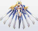  720yen blazblue blonde_hair blue_eyes bodysuit breasts headpiece long_hair mecha_musume mu-12 navel small_breasts solo thighhighs 