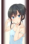  alternate_hairstyle asashio_(kantai_collection) black_hair blue_eyes collarbone hair_between_eyes kantai_collection long_hair looking_at_viewer nagami_yuu open_mouth sidelocks solo strap_slip tied_hair 