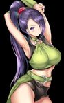  armpits arms_behind_head arms_up bare_shoulders breasts commentary_request dragon_quest dragon_quest_xi gorua_(youce01) highres large_breasts long_hair looking_at_viewer martina_(dq11) ponytail purple_eyes purple_hair solo very_long_hair 