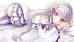  blanket blush dress emilia_(re:zero) long_hair violet_eyes white_hair 
