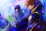  2boys bangs bare_shoulders bird brown_hair c.c. c_(rahit) code_geass flower from_behind gloves green_eyes green_hair holding kururugi_suzaku lelouch_lamperouge long_hair long_sleeves looking_at_viewer multiple_boys outdoors parted_lips petals purple_eyes purple_hair rose rose_petals short_hair standing uniform white_gloves 