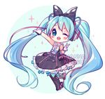  ;d arm_up artist_name black_bow black_dress black_footwear black_skirt blue_eyes blue_hair blush_stickers boots bow chibi dress full_body gloves hair_bow hatsune_miku headphones high-waist_skirt hyanna-natsu knee_boots leg_up long_hair looking_at_viewer magical_mirai_(vocaloid) one_eye_closed open_mouth round_teeth shirt skirt sleeveless sleeveless_shirt smile solo sparkle standing standing_on_one_leg tareme teeth transparent_background twintails two-tone_background v very_long_hair vocaloid white_gloves white_shirt 