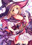  black_hat blonde_hair breasts brown_eyes capelet cleavage djeeta_(granblue_fantasy) eyebrows_visible_through_hair frills glint gloves granblue_fantasy hand_up hat highres holding holding_knife homaderi knife medium_breasts parted_lips skirt smile solo standing star thighhighs white_gloves white_skirt witch witch_hat 