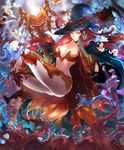  artist_request breasts cape cygames disaster_witch gloves hand_on_own_face hat large_breasts long_hair midriff official_art red_eyes red_hair revealing_clothes shadowverse shingeki_no_bahamut staff witch witch_hat 