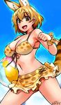  :d adapted_costume animal_ears ball bare_shoulders beachball bikini blonde_hair blue_background bow breasts cleavage cowboy_shot dated extra_ears eyebrows_visible_through_hair groin hair_between_eyes happa_(cloverppd) holding holding_ball kemono_friends large_breasts looking_at_viewer navel open_mouth orange_eyes print_bikini print_bow serval_(kemono_friends) serval_ears serval_print serval_tail short_hair signature smile solo swimsuit tail wristband 