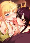  2girls black_hair black_nails black_sclera blonde_hair blue_eyes blush choker christina_(tanaka_the_wizard) edita_(tanaka_the_wizard) fellatio ffm_threesome fingernails group_sex hetero looking_at_viewer m-da_s-tarou multiple_fellatio multiple_girls nail_polish nipples one_eye_closed oral penis pointy_ears sharp_fingernails tanaka_the_wizard threesome tongue tongue_out uncensored yellow_eyes 