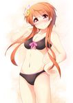  absurdres agung_syaeful_anwar bikini black_bikini blush breasts brown_hair cleavage collarbone cowboy_shot highres long_hair medium_breasts navel nisekoi red_eyes simple_background smile solo standing swimsuit tachibana_marika white_background 