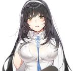  bad_id bad_twitter_id between_breasts black_hair black_legwear breasts eyebrows_visible_through_hair girls_frontline gloves hairband hand_on_own_chest looking_at_viewer myo_ne parted_lips qbz-95_(girls_frontline) simple_background solo upper_body white_background white_gloves yellow_eyes 