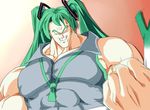  abs asutora bangs bare_shoulders blank_eyes blue_shirt broly commentary_request cosplay crushing dragon_ball dragon_ball_z food fusion gradient gradient_background green_hair green_neckwear grin hatsune_miku hatsune_miku_(cosplay) holding holding_food long_hair looking_at_viewer male_focus motion_blur muscle necktie red_background shirt sleeveless sleeveless_shirt smile solo spring_onion twintails upper_body vocaloid 