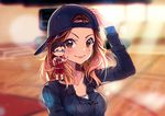  &gt;:) 1girl arm_up artist_name backwards_hat ball basketball_court basketball_uniform black_hat black_shirt blurry blurry_background blush borrowed_character breasts brown_eyes brown_hair closed_mouth commission forehead grin hat hyanna-natsu indoors kneehighs lips long_sleeves medium_breasts miniboy original partially_unbuttoned shirt short_sleeves smile sportswear standing teeth upper_body v-shaped_eyebrows white_legwear 