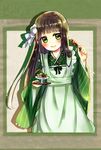  ama_usa_an_uniform apron bangs blunt_bangs blush brown_hair closed_mouth commentary_request cowboy_shot cup eyebrows_visible_through_hair flat_chest flower food gochuumon_wa_usagi_desu_ka? green_eyes green_kimono hair_flower hair_ornament highres holding holding_food holding_tray ice_cream japanese_clothes kimono long_hair long_sleeves looking_at_viewer maid_apron polka_dot_trim ribbon shadow shuu_(pe-po) solo spoon standing striped striped_kimono tray two-tone_background ujimatsu_chiya wagashi white_apron white_flower white_ribbon wide_sleeves youkan_(food) 