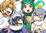  :d :o ^_^ animal_ears bare_shoulders black_bow black_gloves black_hair black_neckwear blonde_hair blue_shirt blush bow bowtie brown_eyes chameleon_tail clenched_hand closed_eyes commentary common_raccoon_(kemono_friends) dated extra_ears eyebrows_visible_through_hair fingerless_gloves food food_on_face forehead_protector fur_collar gloves green_hair grey_gloves grey_hair happa_(cloverppd) holding holding_food hood japari_bun japari_symbol kemono_friends multicolored_hair multiple_girls open_mouth panther_chameleon_(kemono_friends) print_neckwear raccoon_ears red_eyes serval_(kemono_friends) serval_ears serval_print shirt short_hair short_sleeves signature simple_background sleeveless small-clawed_otter_(kemono_friends) smile tail teeth upper_body v-shaped_eyebrows white_background white_gloves white_shirt yellow_eyes 