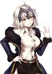  ahoge belt blush braid breasts coat dress_shirt fate/grand_order fate_(series) fur-trimmed_coat fur_trim hand_on_hip headpiece jacket jeanne_d'arc_(alter)_(fate) jeanne_d'arc_(fate)_(all) large_breasts long_hair nakatokung off_shoulder open_mouth shirt short_hair silver_hair skirt white_background wicked_dragon_witch_ver._shinjuku_1999 yellow_eyes 