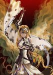  absurdly_long_hair absurdres armor armored_dress blue_eyes braid chain cowboy_shot cross embers fate/apocrypha fate_(series) hand_on_own_chest headpiece highres jeanne_d'arc_(fate) jeanne_d'arc_(fate)_(all) long_braid long_hair painterly penzai_fengli single_braid smoke solo standard_bearer very_long_hair 