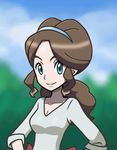  1girl artist_request blue_eyes breasts brown_hair cleavage edit hairband hand_on_hip long_hair looking_at_viewer mature medium_breasts milf mother_bw_(pokemon) official_art pokemon pokemon_(game) pokemon_bw smile solo upper_body 