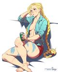  ass barefoot beer_can blue_eyes braid breasts cammy_white can cleavage collarbone feguimel heineken jacket long_hair low_twintails medium_breasts scar shorts solo street_fighter twin_braids twintails very_long_hair 