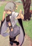  black_legwear breasts commentary_request eyebrows_visible_through_hair finger_to_cheek folded_ponytail fu-ta grass grey_eyes grey_hair hair_ornament kabuto_(oshiro_project) looking_at_viewer medium_breasts midriff oshiro_project oshiro_project_re outdoors pleated_skirt pointing pointing_at_viewer skirt tanba_kameyama_(oshiro_project) thighhighs tree 