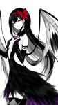  absurdres akemi_homura akuma_homura black_dress black_gloves black_hair black_legwear breasts choker cleavage cowboy_shot dark_orb_(madoka_magica) dress elbow_gloves from_side gloves grey_hair head_tilt highres long_hair looking_at_viewer low_wings mahou_shoujo_madoka_magica mahou_shoujo_madoka_magica_movie multicolored_hair parted_lips partially_colored red_eyes sheya simple_background sleeveless sleeveless_dress small_breasts smile solo standing strapless strapless_dress thighhighs two-tone_hair very_long_hair white_background wings zettai_ryouiki 