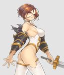  apollonia_vaar ass black_armor blush breasts brown_hair granblue_fantasy grey_background holding holding_sword holding_weapon large_breasts leotard looking_at_viewer scaverle_(mao) short_hair solo standing sword thighhighs thong_leotard weapon white_legwear white_leotard 