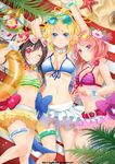  ;o \m/ arms_up ayase_eli bangle bangs beach belt bikini_skirt bikini_top black_hair blonde_hair blue_bikini_top blue_bow blue_eyes bow bracelet clenched_hand commentary diagonal-striped_background diagonal_stripes drink drinking_straw earrings eyewear_on_head flower food frilled_innertube front-tie_bikini front-tie_top fruit fruit_cup girl_sandwich green-framed_eyewear green_bikini_top green_nails hair_flower hair_ornament heart heart-shaped_eyewear innertube jewelry light_frown long_hair looking_at_viewer love_live! love_live!_school_idol_project lying mandachan melon midriff multiple_girls nail_polish natsuiro_egao_de_1_2_jump! navel necklace nishikino_maki on_back on_side one_eye_closed orange-framed_eyewear palm_leaf pearl_necklace pink_bikini_top pink_bow ponytail purple_eyes red-framed_eyewear red_bow red_eyes red_hair round_eyewear sandwiched short_hair smile star star_earrings starfish striped striped_background striped_bikini_top sunglasses swimsuit thighlet twintails watermark web_address yazawa_nico yellow_innertube 