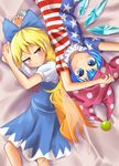  american_flag_dress bangs bed_sheet blonde_hair blue_bow blue_dress blue_eyes blue_hair blush bow cirno cirno_(cosplay) closed_eyes clownpiece clownpiece_(cosplay) cosplay costume_switch dress fairy_wings flat_chest from_above frown hair_bow hat highres ice ice_wings jester_cap jitome kusamochi long_hair looking_at_viewer lying multiple_girls neck_ribbon neck_ruff on_back on_side pointy_ears polka_dot pout puffy_short_sleeves puffy_sleeves red_eyes red_ribbon ribbon short_dress short_hair short_sleeves slit_pupils smile touhou very_long_hair wings 