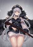  bangs black_dress blush bolt_action breasts brown_eyes cenangam cloak commentary cowboy_shot dress eyebrows_visible_through_hair fur_trim girls_frontline gun hair_between_eyes hat holding holding_gun holding_weapon kar98k_(girls_frontline) large_breasts long_hair long_sleeves looking_at_viewer mauser_98 military military_uniform open_mouth panties pantyshot pantyshot_(standing) parted_lips peaked_cap rain revision rifle short_dress sidelocks silver_hair solo standing thighs trigger_discipline underwear uniform very_long_hair weapon white_panties 