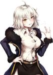  ahoge belt blush braid breasts coat dress_shirt fate/grand_order fate_(series) fur-trimmed_coat fur_trim hand_on_hip jacket jeanne_d'arc_(alter)_(fate) jeanne_d'arc_(fate)_(all) large_breasts long_hair nakatokung off_shoulder open_mouth shirt short_hair silver_hair skirt white_background wicked_dragon_witch_ver._shinjuku_1999 yellow_eyes 