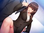  1girl black_eyes black_skirt breasts brown_hair business_suit censored collared_shirt do_s_na_ol_joou_sama eyebrows eyebrows_visible_through_hair game_cg hand_on_hip highres indoors leg_up legs long_hair long_sleeves looking_at_another mosaic_censoring nana_g necktie original pantyhose parted_lips penis skirt small_breasts smile solo_focus standing suit thigh_sex thighs wall 