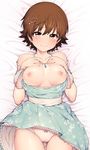  ass ass_visible_through_thighs blush bow bow_panties bra breasts brown_eyes brown_hair dakimakura dress earrings floral_print front-hook_bra green_dress hair_ornament hairclip honda_mio idolmaster idolmaster_cinderella_girls jewelry jp06 large_breasts looking_at_viewer lying necklace nipples off_shoulder on_back panties short_hair smile solo star star_earrings thigh_gap underwear white_bra white_panties 