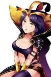 arm_belt bad_id bad_pixiv_id between_legs black_cape black_hair bracer breasts cape cleavage dated emilia_leblanc hand_between_legs headpiece highres jewelry jingo large_breasts league_of_legends looking_at_viewer midriff navel neck_ring sitting solo yellow_eyes 