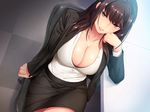  bangs black_bra black_jacket black_skirt blunt_bangs bra breasts brown_eyes brown_hair business_suit buttons chair checkered checkered_floor collarbone collared_shirt crossed_legs do_s_na_ol_joou-sama dress_shirt eyebrows_visible_through_hair formal from_above game_cg hand_on_own_cheek hand_on_own_face indoors jacket lace lace-trimmed_bra large_breasts long_hair long_sleeves looking_at_viewer miniskirt nana_g non-web_source office_chair office_lady open_clothes open_jacket parted_lips pencil_skirt pink_lips pocket shiny shiny_skin shirt sitting skirt skirt_suit smile solo sugimoto_ayane suit table teeth unbuttoned unbuttoned_shirt underwear white_shirt 