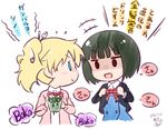  2girls alice_cartelet aosora_neko bad_id bad_pixiv_id bangs black_hair black_jacket blonde_hair blue_eyes blunt_bangs blush_stickers bob_cut chibi collared_shirt commentary_request cup dated eye_contact eyebrows_visible_through_hair flying_sweatdrops hair_ornament hair_stick holding holding_cup jacket kin-iro_mosaic long_sleeves looking_at_another multiple_girls oomiya_shinobu open_mouth pink_jacket school_uniform shirt short_hair signature speech_bubble translation_request twintails upper_body white_background white_shirt wing_collar 
