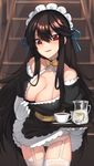  bangs bare_shoulders black_hair breasts cleavage commentary_request cowboy_shot creamer_packet criss-cross_halter cup eyebrows_visible_through_hair fate_(series) garter_straps hair_between_eyes halterneck highres holding holding_tray k_jin koha-ace large_breasts long_hair looking_at_viewer maid maid_headdress oda_nobunaga_(fate) open_mouth panties parted_lips pitcher red_eyes saucer smile solo teacup thighhighs tray tsurime underwear very_long_hair white_legwear white_panties 