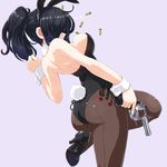  ammunition animal_ears back-seamed_legwear black_footwear black_hair black_leotard boob_reload breasts bullet bunny_ears bunny_girl bunny_tail bunnysuit commentary_request cross-laced_clothes dd_(ijigendd) detached_collar fake_animal_ears gun handgun high_heels highres holding holding_gun holding_weapon leotard long_hair medium_breasts original pantyhose ponytail revolver seamed_legwear solo strapless strapless_leotard tail weapon wrist_cuffs 