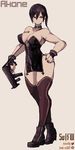  1girl bare_shoulders black_hair black_nail_polish boots breasts brown_eyes choker cleavage cross erect_nipples fingerless_gloves full_body gloves gun lamb-oic029 large_breasts muscular muscular_female original panties ponytail see-through smile solo standing thighhighs thong 