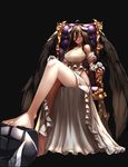  ahoge albedo bare_legs bare_shoulders barefoot black_background black_hair black_wings breasts btraphen cleavage commentary_request demon_girl demon_horns dress full_body gloves hair_between_eyes highres hip_vent horns large_breasts legs long_hair looking_at_viewer looking_down orange_eyes overlord_(maruyama) parted_lips simple_background sitting solo throne white_dress white_gloves wings yellow_eyes 