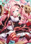  1girl :d akkijin aqua_eyes black_dress breasts brown_hat cake candy card_(medium) chocolate cookie doughnut dress food hat heart large_breasts long_hair looking_at_viewer official_art open_mouth pink_hair polearm red_ribbon ribbon shinkai_no_valkyrie smile striped striped_ribbon thighhighs trident twintails weapon 