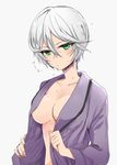  ashiyu_(t0m1) bathrobe breasts cleavage closed_mouth grey_background hair_between_eyes highres long_sleeves looking_at_viewer medium_breasts open_clothes open_robe pretty_(series) pripara robe shikyouin_hibiki short_hair silver_hair simple_background solo wet wet_hair 