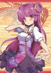  :&lt; alternate_costume bangs beni_kurage blunt_bangs blush china_dress chinese_clothes crescent crescent_hair_ornament double_bun dress hair_ornament long_hair looking_at_viewer patchouli_knowledge puffy_short_sleeves puffy_sleeves purple_eyes purple_hair short_sleeves solo touhou very_long_hair 