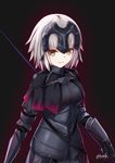  absurdres armor armored_dress bee_doushi black_background black_dress breasts dress eyebrows_visible_through_hair fate/grand_order fate_(series) highres holding holding_weapon jeanne_d'arc_(alter)_(fate) jeanne_d'arc_(fate)_(all) large_breasts looking_at_viewer short_hair signature silver_hair smile solo weapon yellow_eyes 