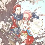  1girl capelet cherry_blossoms fire_emblem fire_emblem_if flower gloves hairband highres mask mask_removed one_eye_closed open_mouth petals pink_hair red_eyes red_hair saizou_(fire_emblem_if) sakura_(fire_emblem_if) scar scarf shirokuro_(0501nk) sky teeth thighhighs tree 