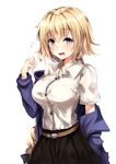  ahoge belt blonde_hair blue_eyes blush braid breasts dress_shirt fate/grand_order fate_(series) flying_sweatdrops jacket jeanne_d'arc_(fate) jeanne_d'arc_(fate)_(all) large_breasts long_hair nakatokung off_shoulder open_mouth shirt short_hair single_braid skirt very_long_hair white_background wicked_dragon_witch_ver._shinjuku_1999 