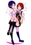  2girls black_hair blue_eyes camera carrying danganronpa freckles green_eyes heart huyandere ikusaba_mukuro koizumi_mahiru multiple_girls necktie red_hair school_uniform short_hair skirt super_danganronpa_2 