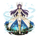  ahoge bracelet elbow_gloves fingerless_gloves floating_hair flower full_body gloves hair_ornament jewelry long_hair looking_at_viewer midriff navel official_art purple_hair red_eyes red_flower simple_background smile solo standing stomach sword_art_online sword_art_online:_code_register thighhighs very_long_hair white_background white_flower white_gloves white_legwear yuuki_(sao) 