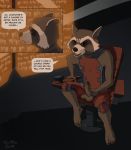 ... 2019 anthro balls black_nose brown_balls brown_eyes brown_fur chair clothing dialogue english_text erection flyttic fur guardians_of_the_galaxy hand_on_penis humanoid_penis male mammal marvel penis plantigrade procyonid raccoon rocket_raccoon sitting solo speech_bubble text toes 
