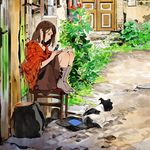  black_eyes book brown_hair brown_skirt checkered_jacket closed_eyes commentary_request day dog door flower grass grey_legwear highres house jacket no_shoes open_book outdoors plant profile reading road sitting skirt smile socks solo stool street umishima_senbon 